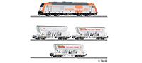 Tillig 01083 Freight car set Schottertransport der HVLE with diesel locomtive 246 001-2 and three