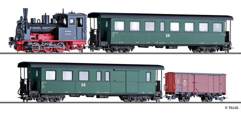 Tillig 01173 Set of the DR with steam locomotive class 99 47 one passenger coach KB4i one baggage