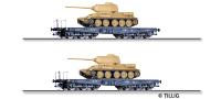Tillig 1801 01801 Freight car set of the DR with two flat cars SSyms loaded with tank type T34/85, Ep. II