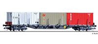 Tillig 18127 Container car Rgs 3910 of the DR loads with three different 20ft-containers, Ep. IV