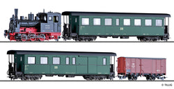 Tillig 01172 Set of the DR with steam locomotive class 99 57 with coach baggage car and box car