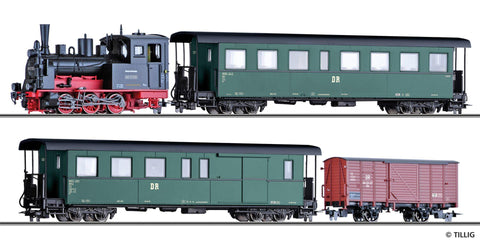 Tillig 01172 Set of the DR with steam locomotive class 99 57 with coach baggage car and box car